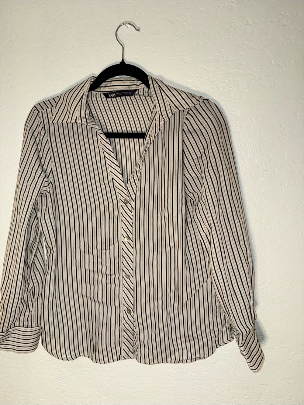 Zara Cream and Black Vertical Stripe Button-Down Shirt